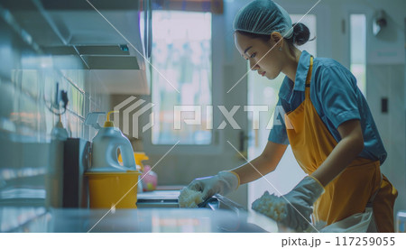 A woman in a yellow apron is cleaning a living room by AI generated image 117259055