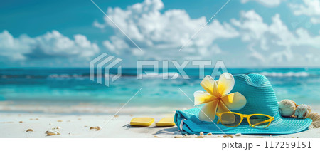 A blue straw hat with a yellow flower on it is on a beach A blue straw hat with a yellow flower on it is on a beach 117259151