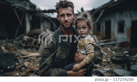 Brave Soldier Rescuing Distressed Child in Devastated Village Amidst Chaos 117259289