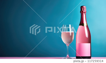 Blue wine bottle and glass on a pink table with a blue background. Mockup design 117259314