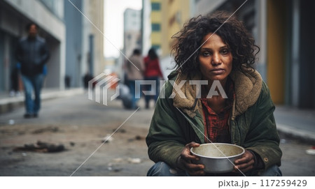 Homeless woman Holding Out a Bowl of Food, Seeking Assistance from Compassionate Bystanders 117259429