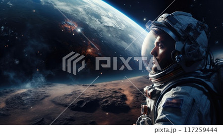 Astronaut in spacesuit gazing at the magnificent Earth from the vastness of space 117259444
