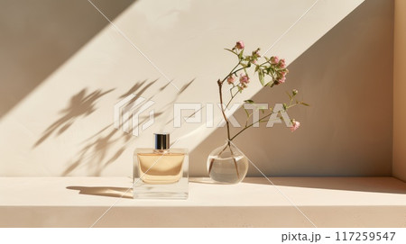 Transparent brown glass perfume bottle mockup on pedestal with minimalist background. Eau de toilette. Mockup, spring flat lay. 117259547