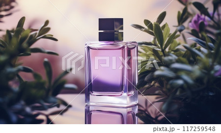 Transparent purple glass perfume bottle mockup with plants on background. Eau de toilette. Mockup, spring flat lay. 117259548