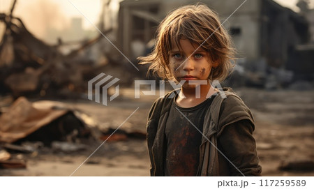 Young boy standing in the ruins of his home, devastated by an airstrike, looking lost and fearful 117259589