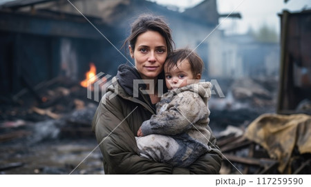 Heartwarming Image of a Mother Embracing Her Baby Amidst the Devastation of a War-Torn City Heartwarming Image of a Mother Embracing Her Baby Amidst the Devastation of a War-Torn City 117259590