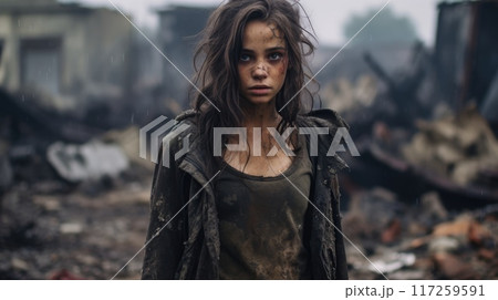 A Little Girl in Tears Amidst the Devastation of Her Home After a Tragic Earthquake A Little Girl in Tears Amidst the Devastation of Her Home After a Tragic Earthquake 117259591