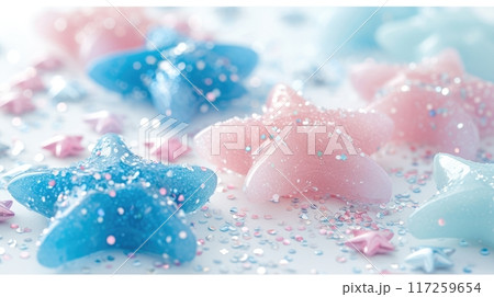 Colorful star-shaped candies in blue and pink on white surface for party decorations. 117259654