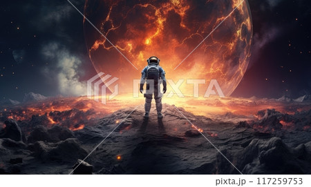 Astronaut on a Rocky Moon Base Looking up at a Large Red Planet in the Sky 117259753