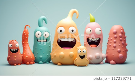 Funny and cute plasticine characters on a blue background. Isolated 3D rendering. Funny and cute plasticine characters on a blue background. Isolated 3D rendering. 117259771