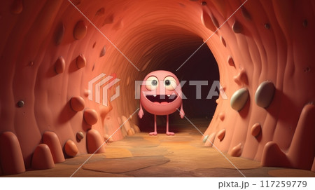 Cheerful Pink 3D Character in Vibrant Intestines Environment with Smiling Expression 117259779