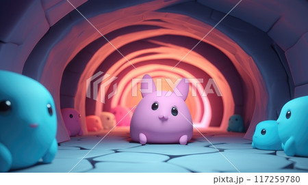 Cute 3D pink bunny in a colorful cave surrounded by round creatures 117259780