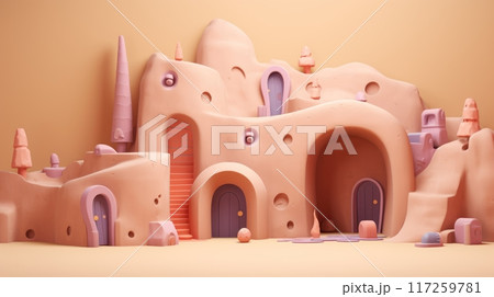 Whimsical 3D illustration of a colorful abstract cityscape with geometric shapes and pastel colors. 117259781