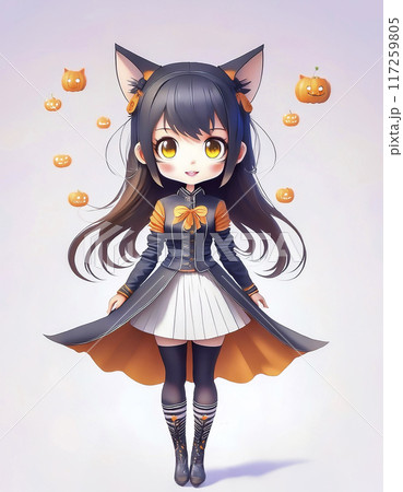 ちびキャラ　ネコの衣装を着た少女のイメージ素材 117259805