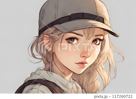 帽子をかぶってこちらを見つめる強気なお姉さんのアニメ調イラストの