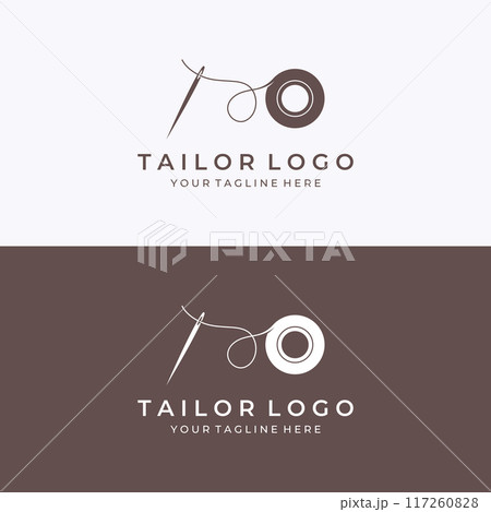 Tailor silhouette logo with needle, thread, benik and sewing machine markings. Logo design for tailors, fashion, boutiques and other clothing companies. With vector illustration design. 117260828