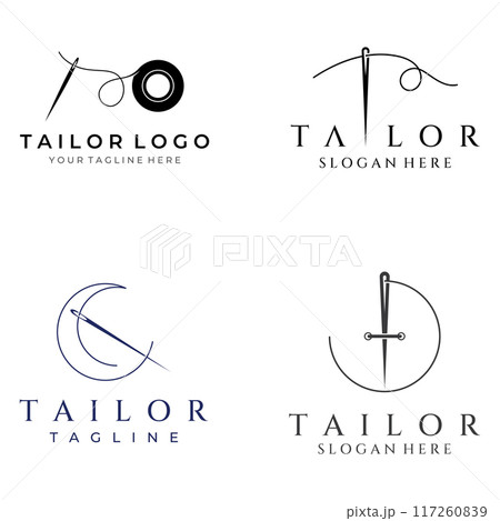 Tailor silhouette logo with needle, thread, benik and sewing machine markings. Logo design for tailors, fashion, boutiques and other clothing companies. With vector illustration design. 117260839