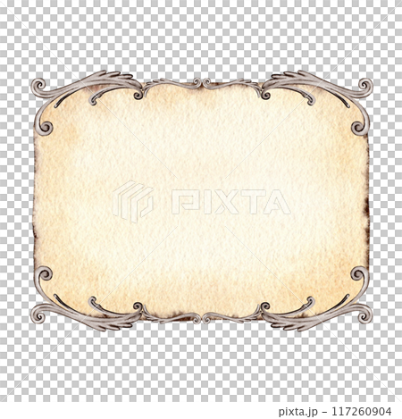 Square shaped vintage copy space template. Antique style decorated frame for your text. Hand drawn watercolor illustration on transparent background. Backdrop for postcards, title signs and designs Square shaped vintage copy space template. Antique style decorated frame for your text. Hand drawn watercolor illustration on transparent background. Backdrop for postcards, title signs and designs 117260904