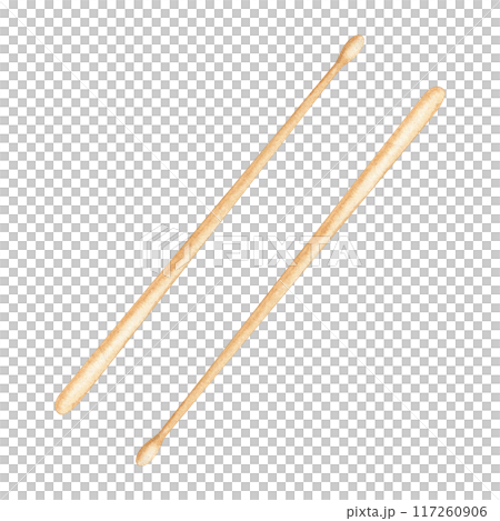 Military drum sticks. Classical music element. Watercolor illustration on transparent background. Musical percussion instrument for concert programs, flyers, theatre posters, marching band card design 117260906