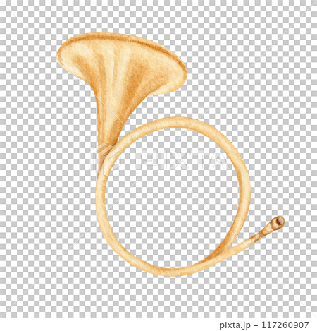 Classical french horn. Vintage brass musical instrument. Symphony orchestra music program design element. Watercolor illustration on transparent background. For concert booklets, posters and flyers 117260907