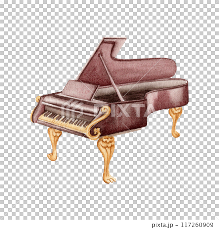 Classical Grand Piano musical instrument. Antique vintage keyboard hand drawn element for tutorial books, concert posters, sheet music or flyers. Watercolor illustration on transparent background. 117260909