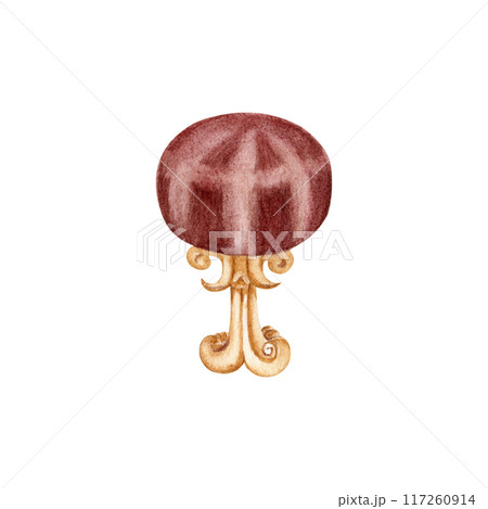 Vintage musicians chair for grand piano or harp instrument. Antique hand drawn stool for musical room interior decoration design or furniture. Watercolor illustration on transparent background Vintage musicians chair for grand piano or harp instrument. Antique hand drawn stool for musical room interior decoration design or furniture. Watercolor illustration on transparent background 117260914