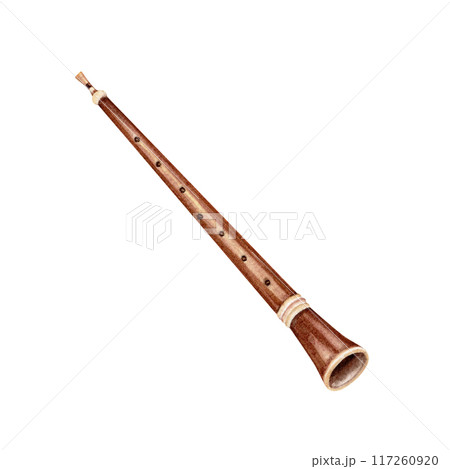 Classical oboe. Hand drawn vintage woodwind reed musical instrument. Design element for symphony  or chamber concert tickets, posters, sheet music. Watercolor illustration isolated on white background 117260920