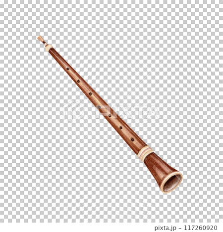 Classical oboe. Hand drawn vintage woodwind reed musical instrument. Design element for symphony  or chamber concert tickets, posters, sheet music. Watercolor illustration isolated on white background 117260920