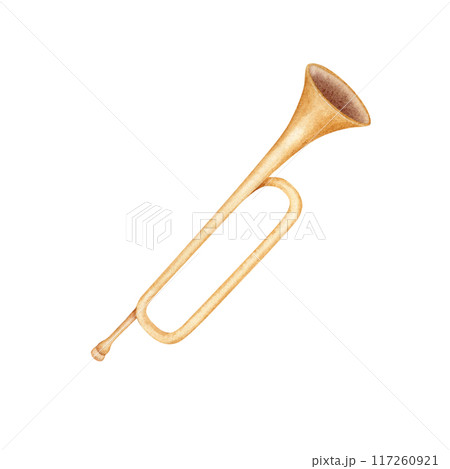 Classical trumpet. Vintage brass musical instrument. Symphony orchestra music program design element. Watercolor illustration on transparent background. For concert booklets, posters and flyers Classical trumpet. Vintage brass musical instrument. Symphony orchestra music program design element. Watercolor illustration on transparent background. For concert booklets, posters and flyers 117260921