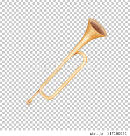 Classical trumpet. Vintage brass musical instrument. Symphony orchestra music program design element. Watercolor illustration on transparent background. For concert booklets, posters and flyers Classical trumpet. Vintage brass musical instrument. Symphony orchestra music program design element. Watercolor illustration on transparent background. For concert booklets, posters and flyers 117260921