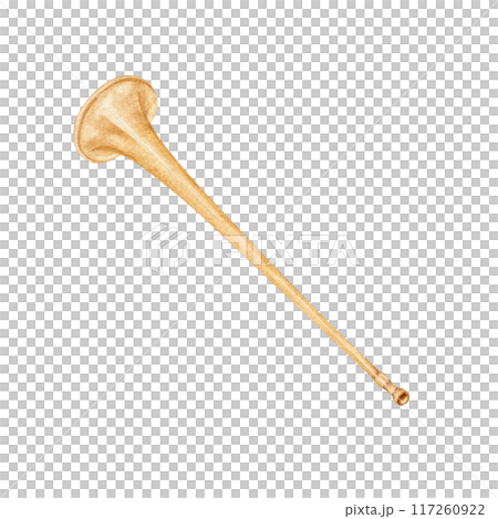 Ceremonial parade fanfare trumpet. Vintage alpine horn music instrument. Ancient brass bugle for theatre programs, concert posters, card designs. Watercolor illustration on transparent background 117260922