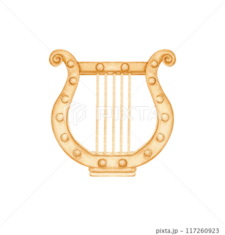 Ancient greek lyre. Antique musical instrument. Military marching band emblem. Watercolor illustration on transparent background. For theatre and play posters, ticket designs, cards, musician gifts 117260923
