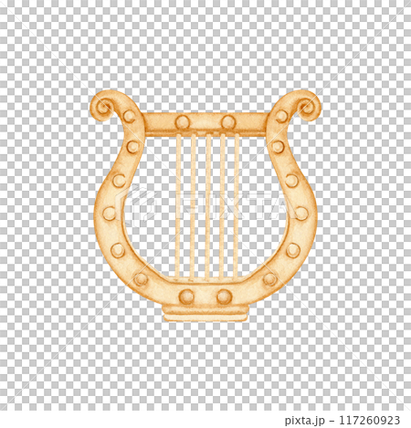 Ancient greek lyre. Antique musical instrument. Military marching band emblem. Watercolor illustration on transparent background. For theatre and play posters, ticket designs, cards, musician gifts 117260923