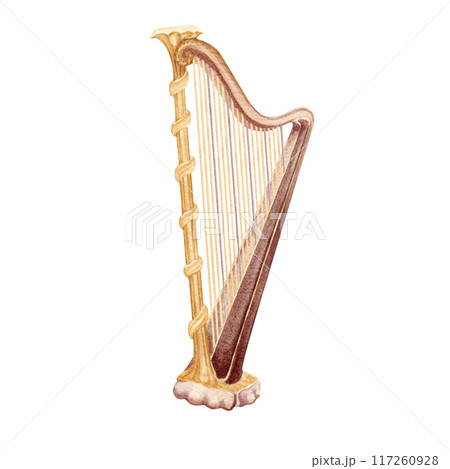 Golden harp classical music instrument. Vintage string lyre. Watercolor illustration on transparent background. For theatre and ballet posters, ticket designs, concert programs, musical themed cards 117260928