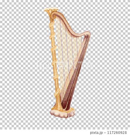 Golden harp classical music instrument. Vintage string lyre. Watercolor illustration on transparent background. For theatre and ballet posters, ticket designs, concert programs, musical themed cards Golden harp classical music instrument. Vintage string lyre. Watercolor illustration on transparent background. For theatre and ballet posters, ticket designs, concert programs, musical themed cards 117260928