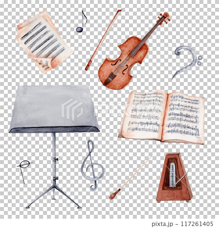 Violin, string instrument, treble clef, music stand, sheet music, rose flowers. Collection of classical music hand drawn designs. Watercolor illustration isolated on transparent background. 117261405