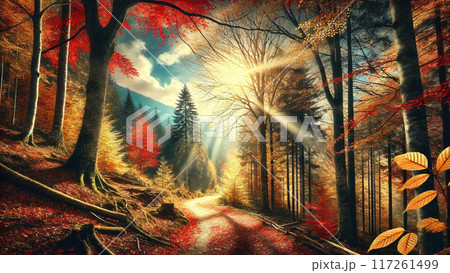 紅葉の森に太陽が差し込む風景 117261499