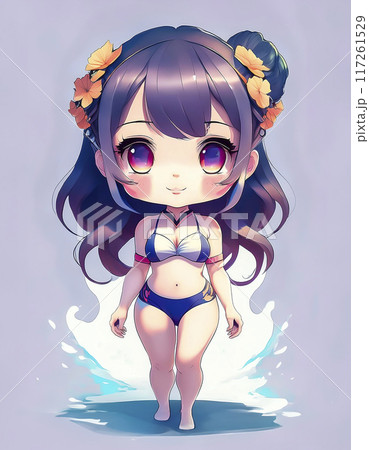 ちびキャラ　水着の衣装を着た少女のイメージ素材 117261529