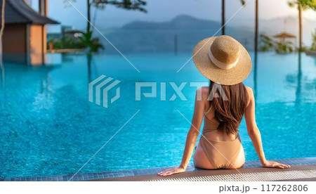 プールサイドに座る女性 117262806