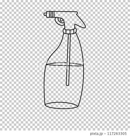 A spray bottle with a white label and a black handle A spray bottle with a white label and a black handle 117263305