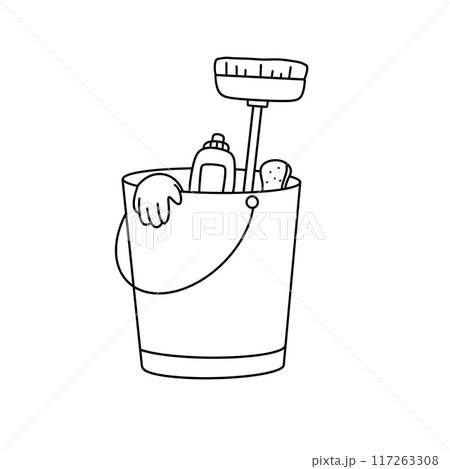 A bucket with a brush and other cleaning supplies inside A bucket with a brush and other cleaning supplies inside 117263308