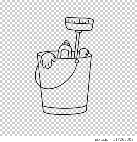 A bucket with a brush and other cleaning supplies inside A bucket with a brush and other cleaning supplies inside 117263308