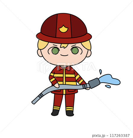 A cartoonish drawing of a young man in a red fireman's uniform holding a hose 117263387