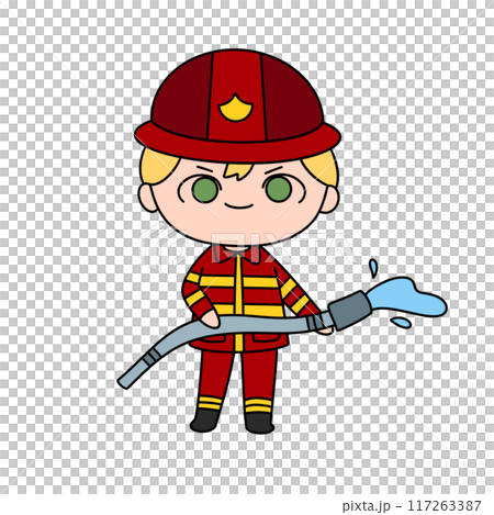 A cartoonish drawing of a young man in a red fireman's uniform holding a hose 117263387