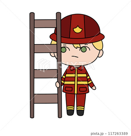 A cartoonish drawing of a firefighter holding a ladder 117263389