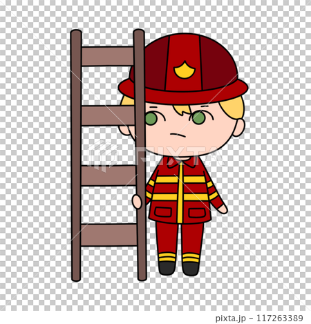 A cartoonish drawing of a firefighter holding a ladder 117263389