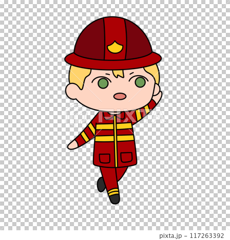 A cartoonish drawing of a firefighter with a red helmet and red A cartoonish drawing of a firefighter with a red helmet and red 117263392