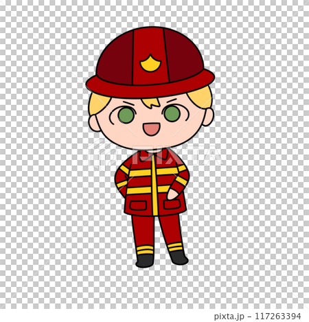 A cartoonish drawing of a young man in a red and yellow fireman's uniform A cartoonish drawing of a young man in a red and yellow fireman's uniform 117263394