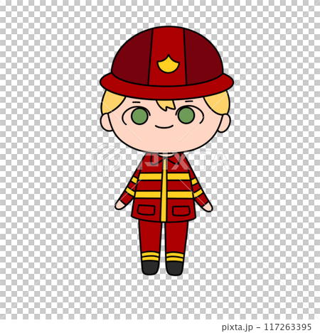 A cartoonish drawing of a young man in a red and yellow fireman's uniform 117263395
