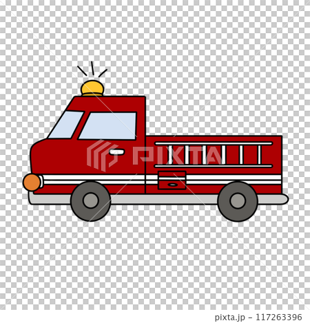 A red fire truck with a siren on top and a ladder on the back 117263396
